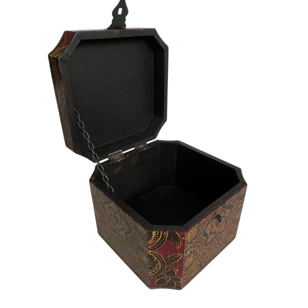 Vintage Hand Painted Wooden Octagonal Jewelry Box Red Black Gold Floral Folk Art